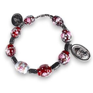 Catholic Bracelet St Jude St Charbel Italy Medals Glass Beads Sterling Clasp 8"